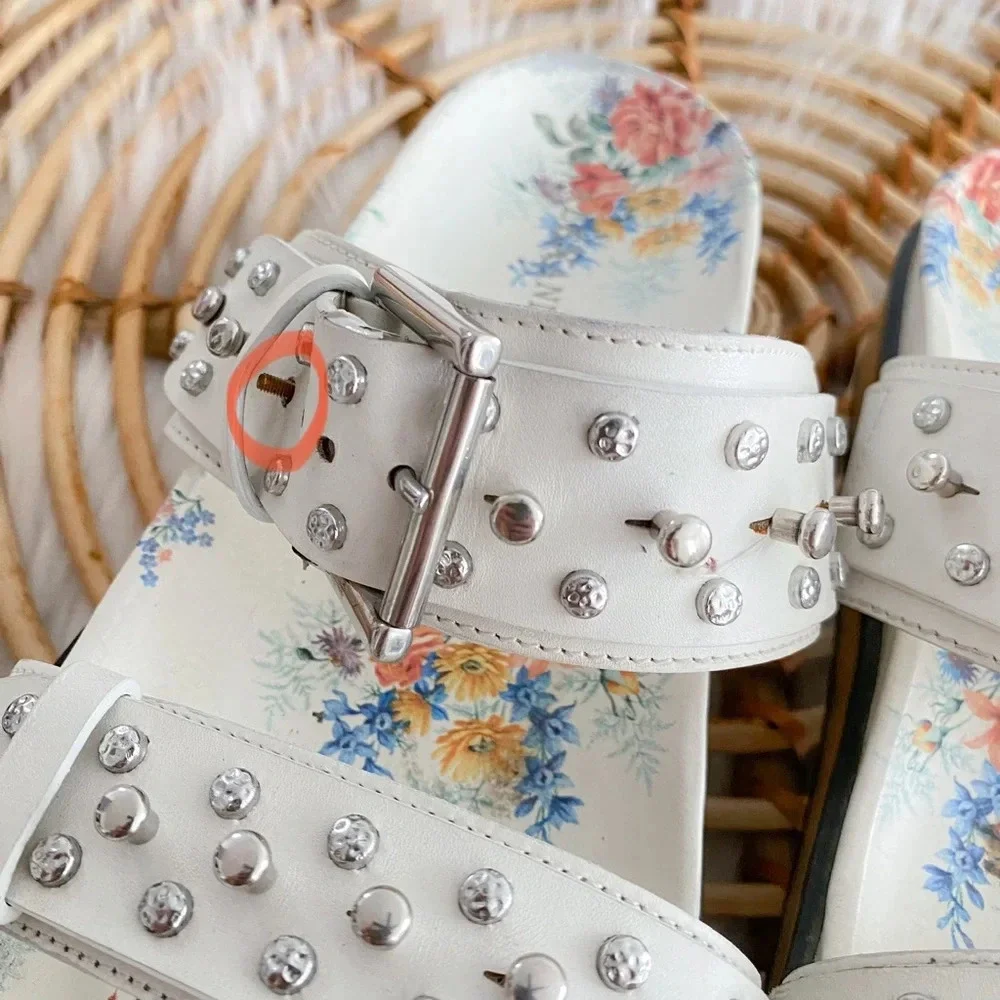 Alexander McQueen Platform Sandals Slides Studded Cream Leather Flower Print